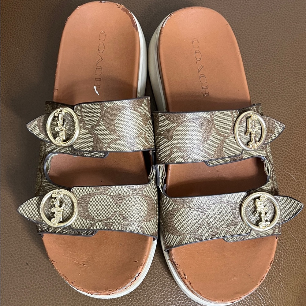 Coach Brown Signature Canvas Double-Strap Slide Sandals with Gold Buckles